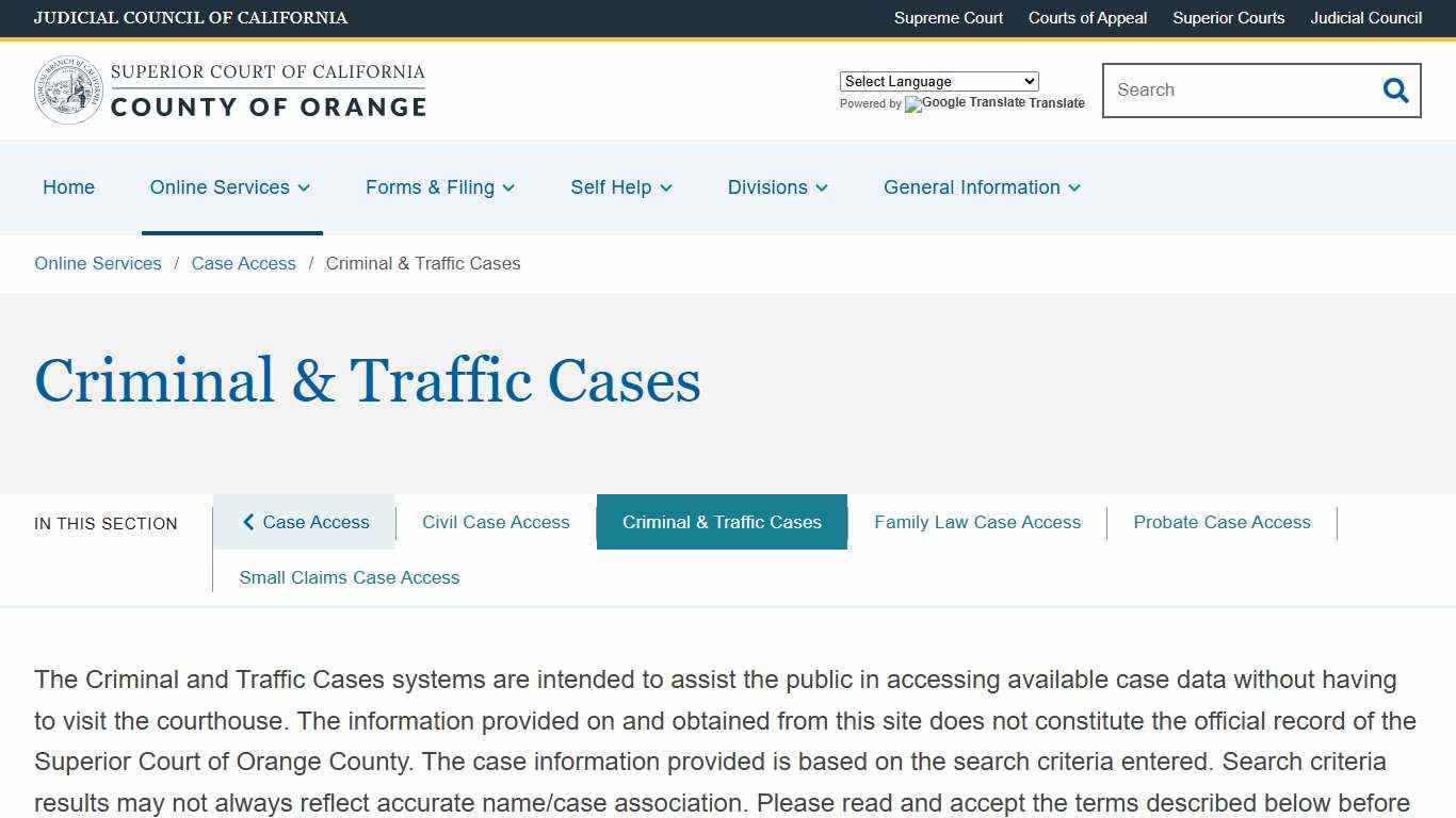 Criminal & Traffic Cases | Superior Court of California | County of Orange